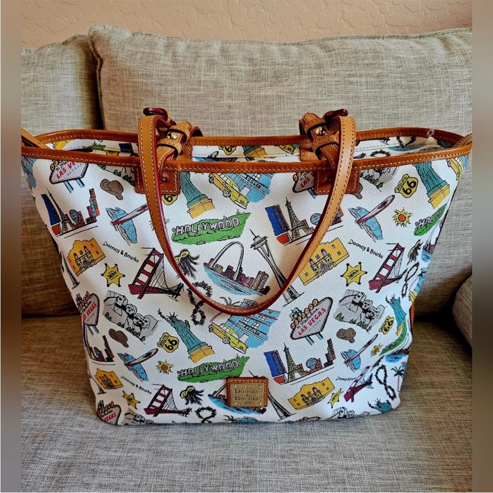 Dooney & Bourke White Canvas Travel Print Tote with Brown Trim